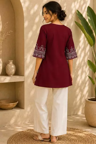 Women's stylish red ethnic kurti with white pant co-ord set