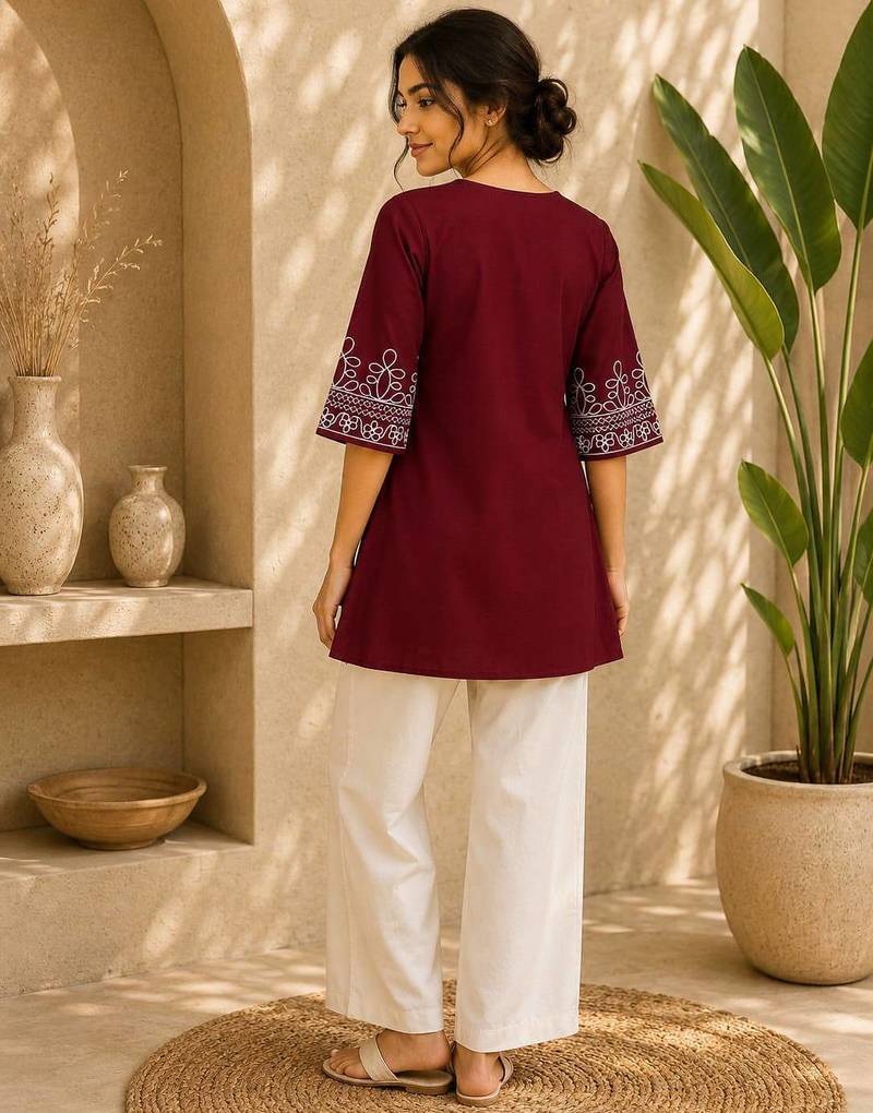 Women's stylish red ethnic kurti with white pant co-ord set