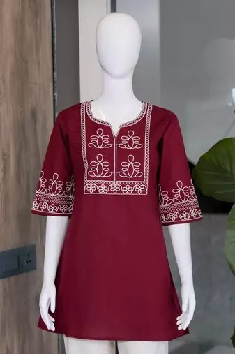 Women's stylish red ethnic kurti with white pant co-ord set
