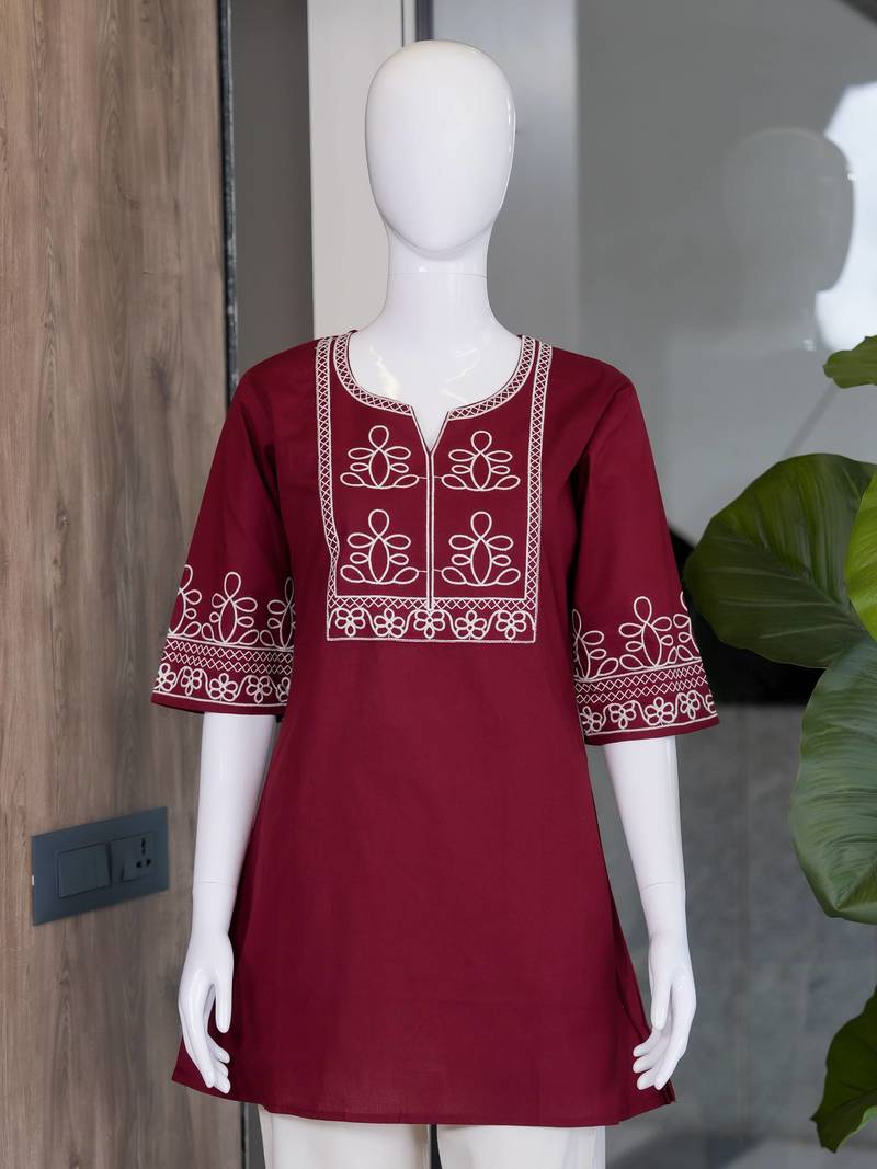 Women's stylish red ethnic kurti with white pant co-ord set
