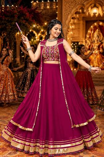 Rani Pink Gamthi Work NAVRATRI Lehenga Choli with Mirror Work Koti