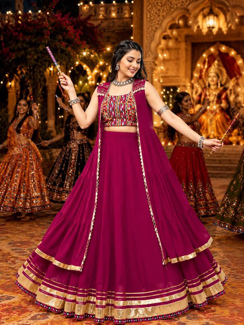 Rani Pink Gamthi Work NAVRATRI Lehenga Choli with Mirror Work Koti