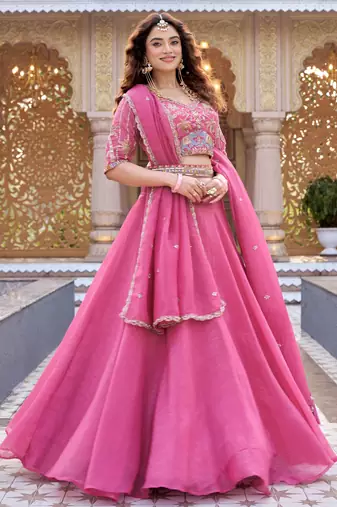 Rani Pink Designer Moti & Sequence Work Lehenga Set