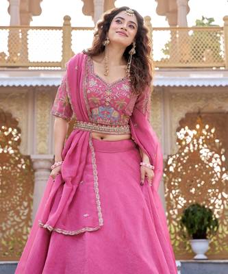 Rani Pink Designer Moti & Sequence Work Lehenga Set 3