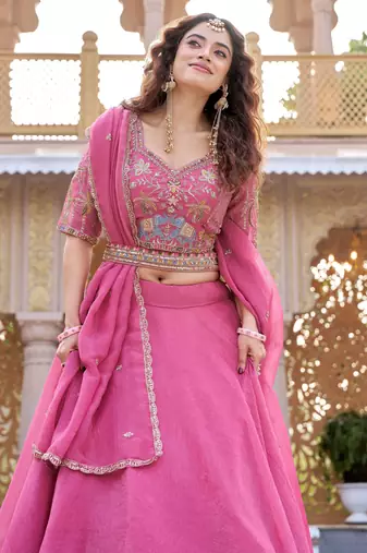 Rani Pink Designer Moti & Sequence Work Lehenga Set