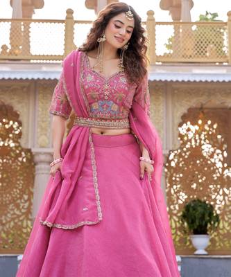 Rani Pink Designer Moti & Sequence Work Lehenga Set 4