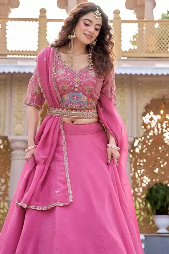 Rani Pink Designer Moti & Sequence Work Lehenga Set