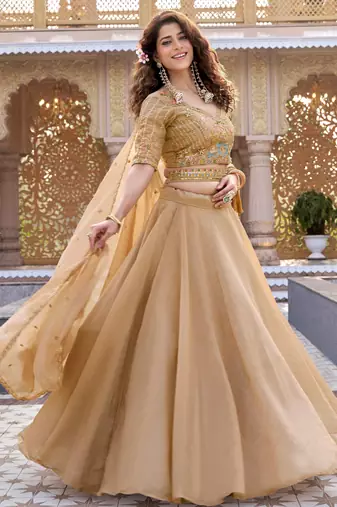 Beige Designer Moti & Sequence Work Lehenga Set