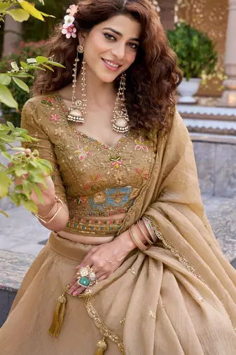 Beige Designer Moti & Sequence Work Lehenga Set