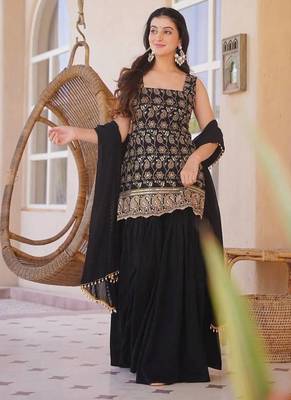 Black faux georgette  party wear embroidery sharara suit set 1
