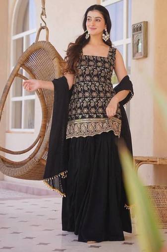 Black faux georgette  party wear embroidery sharara suit set