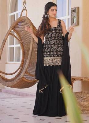 Black faux georgette  party wear embroidery sharara suit set 2