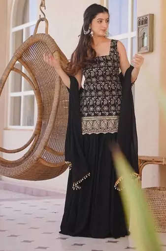 Black faux georgette  party wear embroidery sharara suit set