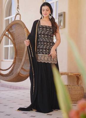 Black faux georgette  party wear embroidery sharara suit set 3