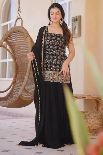 Black faux georgette  party wear embroidery sharara suit set