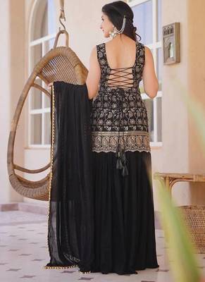 Black faux georgette  party wear embroidery sharara suit set 4