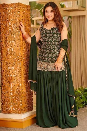 Green faux georgette  party wear embroidery sharara suit set