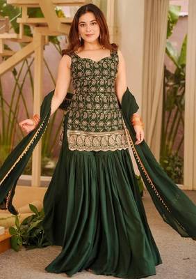 Green faux georgette  party wear embroidery sharara suit set 2