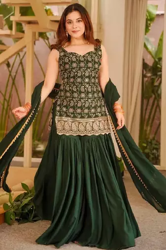 Green faux georgette  party wear embroidery sharara suit set