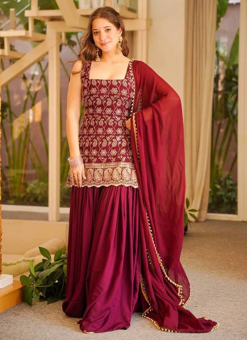 Maroon  faux georgette  party wear embroidery sharara suit set