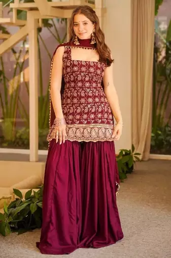Maroon  faux georgette  party wear embroidery sharara suit set