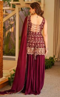 Maroon  faux georgette  party wear embroidery sharara suit set 4
