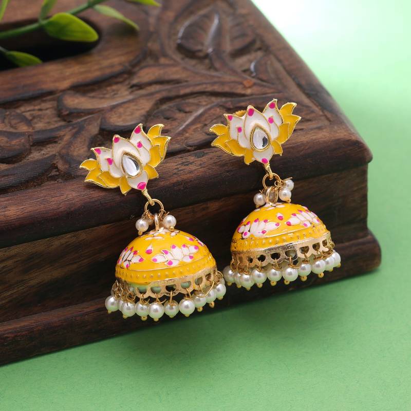 Yellow color meenakari earrings traditional design