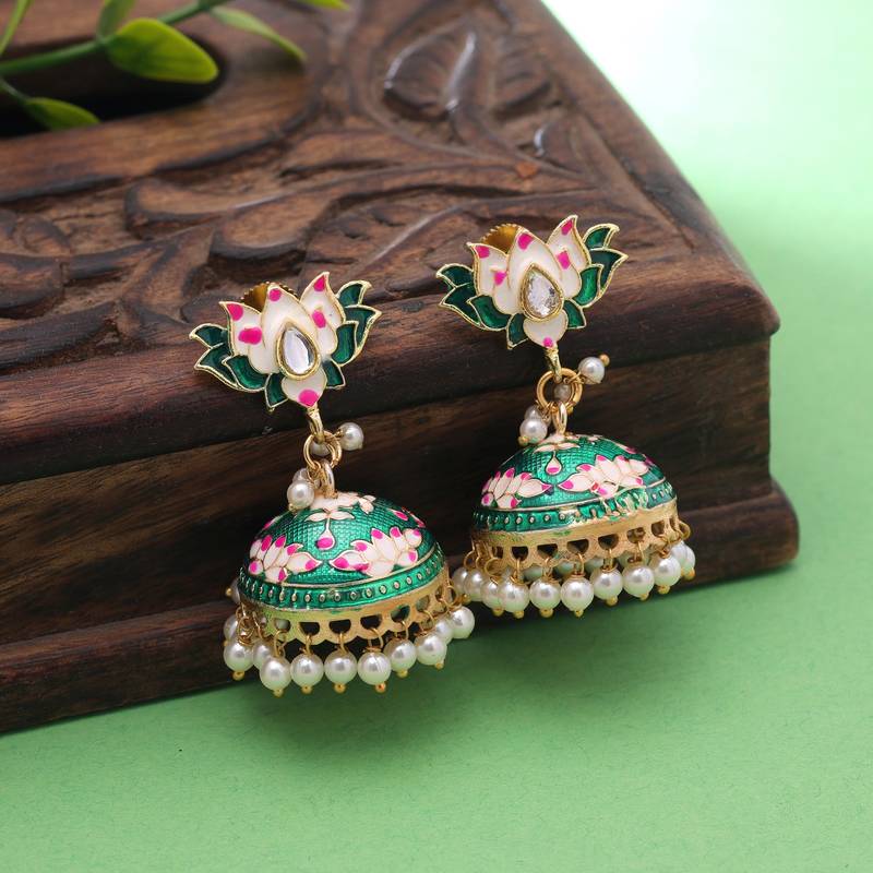 Green color meenakari earrings colorful design