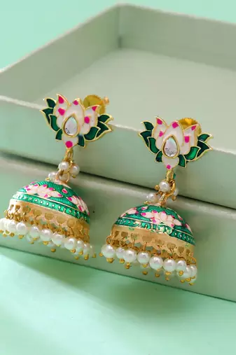 Green color meenakari earrings colorful design