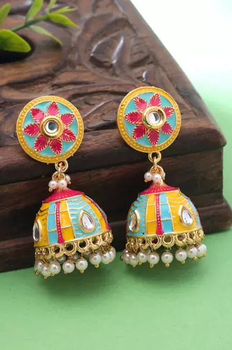 Yellow color meenakari earrings festive design