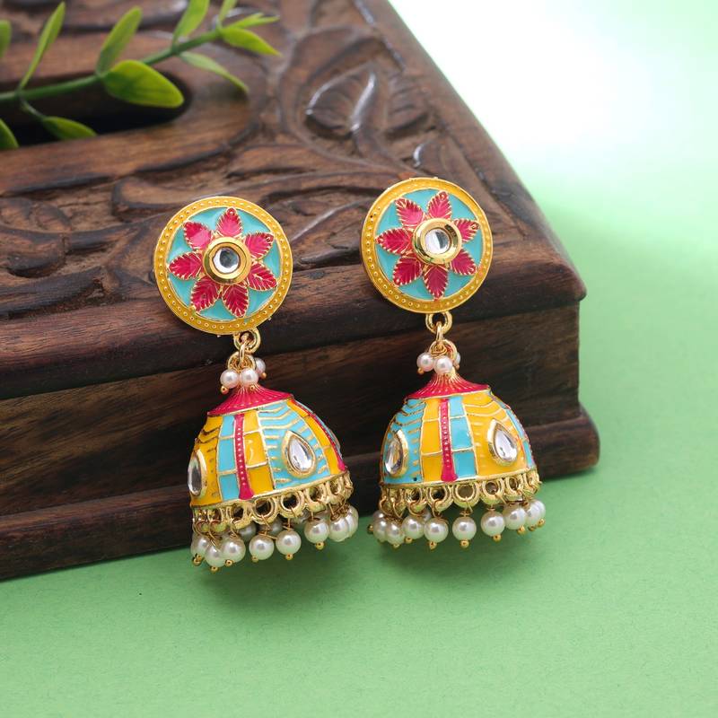 Yellow color meenakari earrings festive design