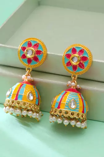 Yellow color meenakari earrings festive design
