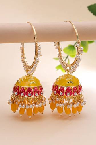 Yellow color meenakari earrings traditional style