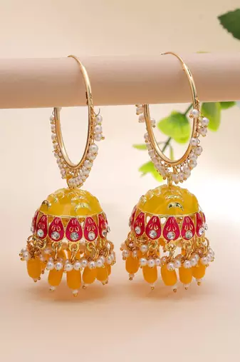 Yellow color meenakari earrings traditional style