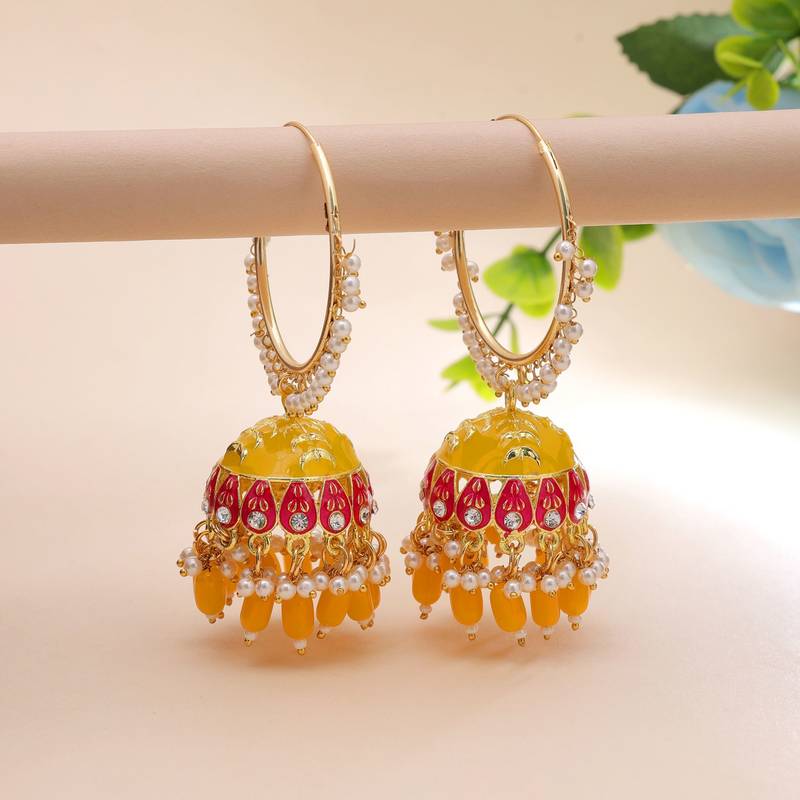 Yellow color meenakari earrings traditional style