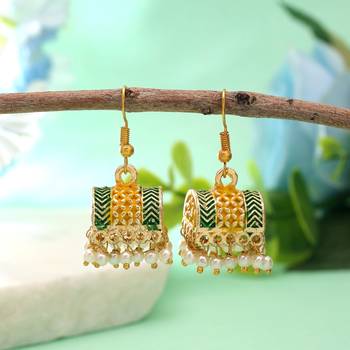Yellow color palki mint meena earrings festive look 1
