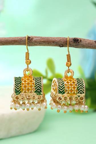 Yellow color palki mint meena earrings festive look