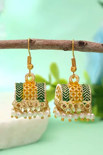 Yellow color palki mint meena earrings festive look