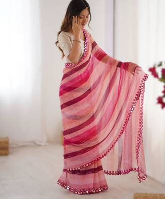 Pink chiffon leriya print saree with zari work  1