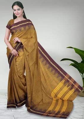 Jarosite yellow & deep maroon chettinad cotton saree with running blouse 1