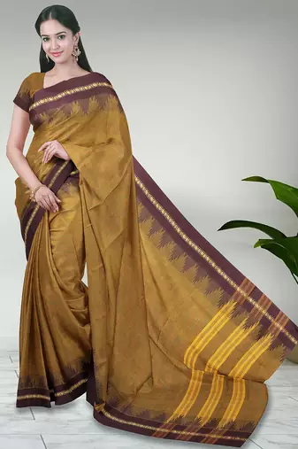 Jarosite yellow & deep maroon chettinad cotton saree with running blouse