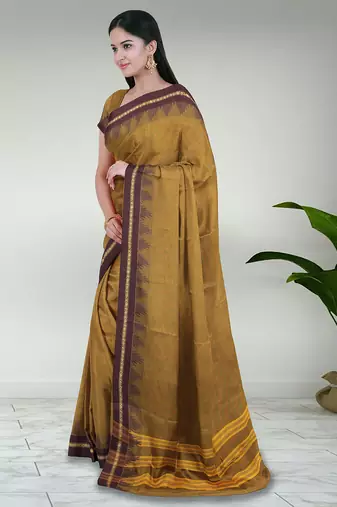 Jarosite yellow & deep maroon chettinad cotton saree with running blouse