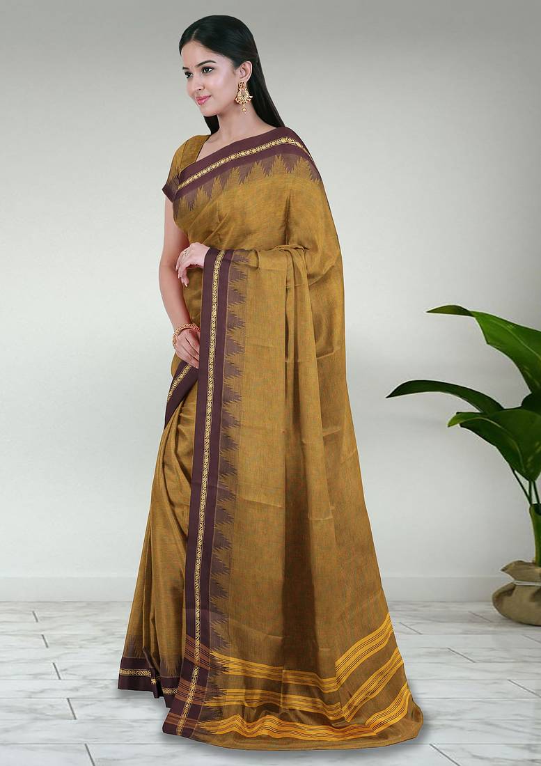 Jarosite yellow & deep maroon chettinad cotton saree with running blouse