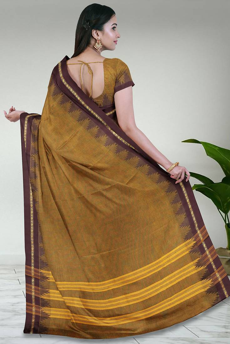 Jarosite yellow & deep maroon chettinad cotton saree with running blouse