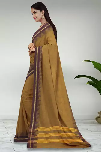 Jarosite yellow & deep maroon chettinad cotton saree with running blouse