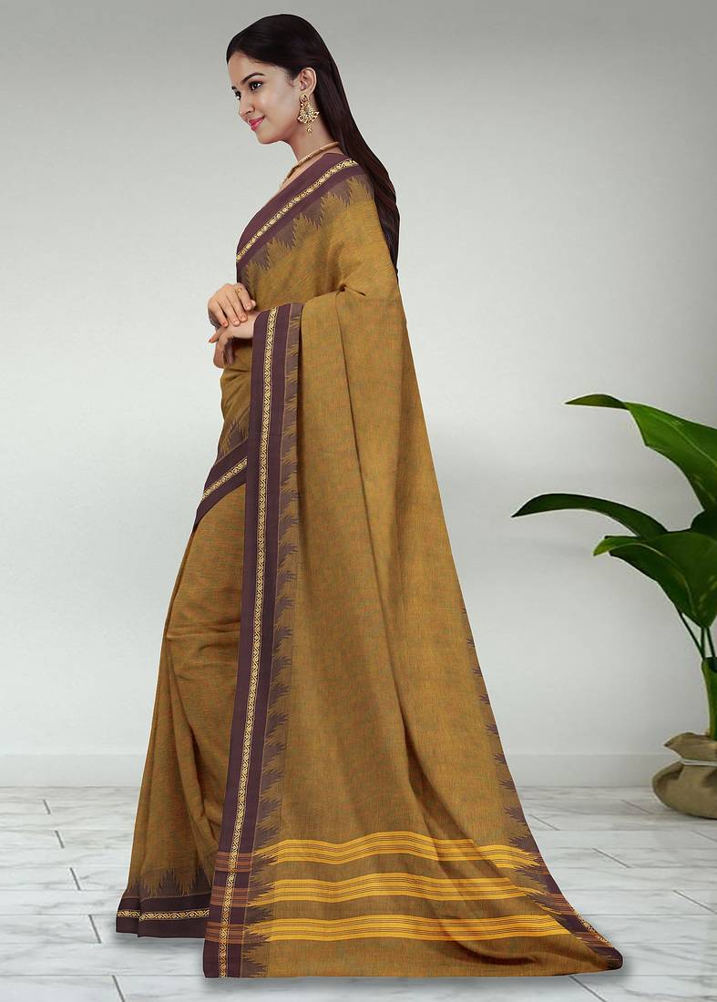 Jarosite yellow & deep maroon chettinad cotton saree with running blouse