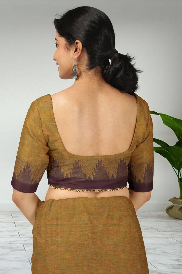 Jarosite yellow & deep maroon chettinad cotton saree with running blouse