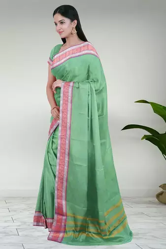 Sea green & orchid pink chettinad cotton saree with running blouse