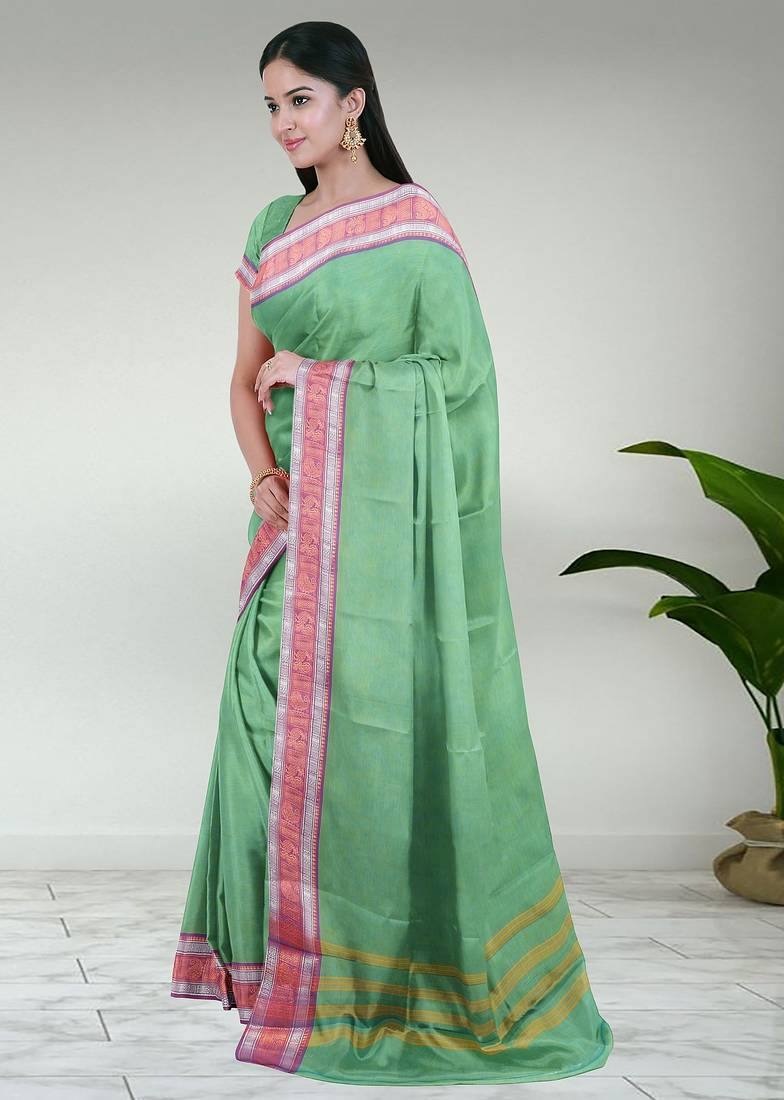 Sea green & orchid pink chettinad cotton saree with running blouse