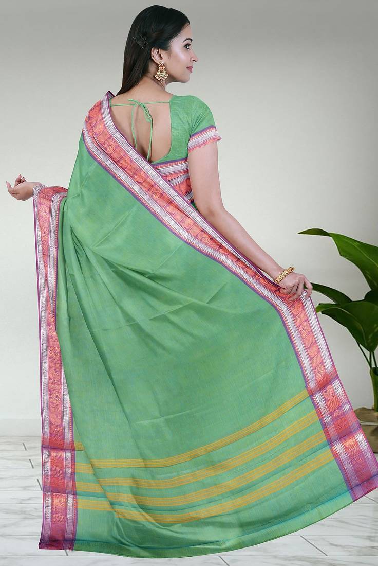 Sea green & orchid pink chettinad cotton saree with running blouse